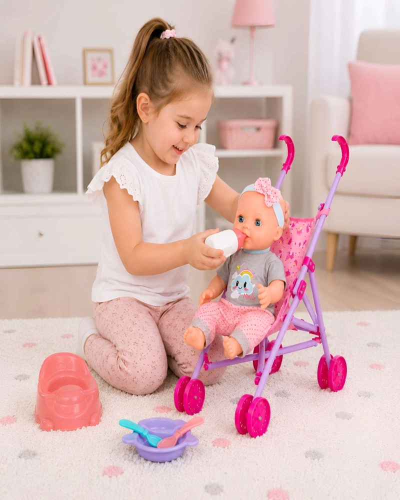 SET DE COCHE Y MUÑECA BEBE  CON ACCESORIOS DE ALIMENTACION Y ASEO  JUEGO DE ROL - 3