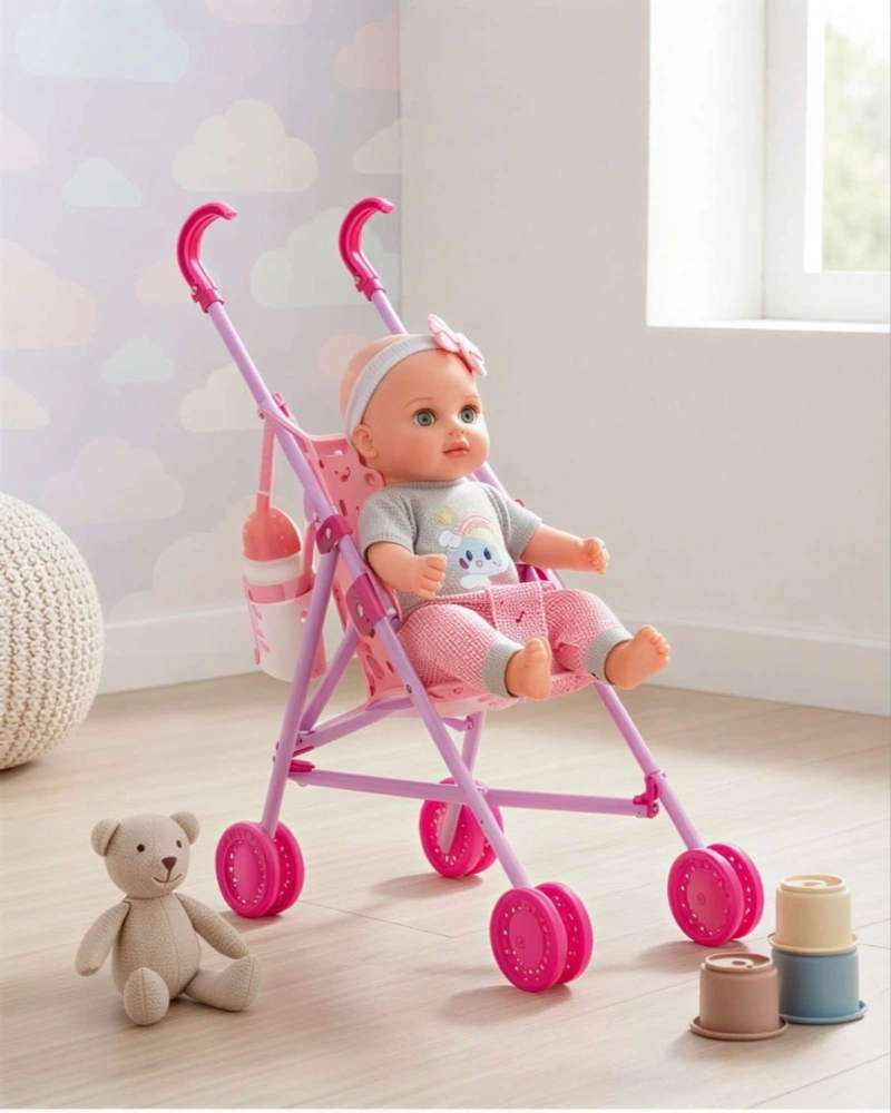 SET DE COCHE Y MUÑECA BEBE  CON ACCESORIOS DE ALIMENTACION Y ASEO  JUEGO DE ROL - 5