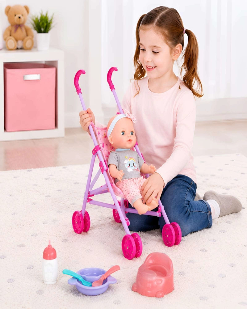 SET DE COCHE Y MUÑECA BEBE  CON ACCESORIOS DE ALIMENTACION Y ASEO  JUEGO DE ROL - 6