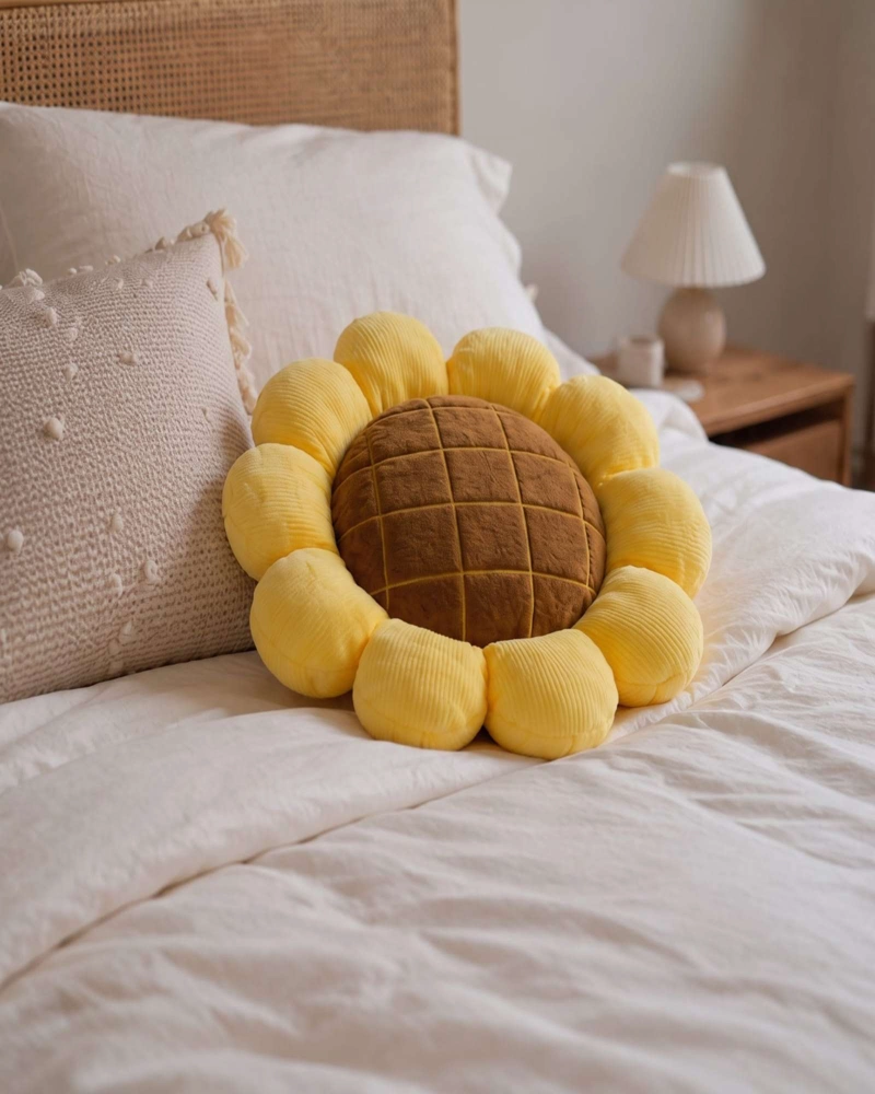 COJIN FLORAL FORMA DE MARAVILLA TELA AFELPADA AMARILLO Y CAFE  MULTIUSO - 1