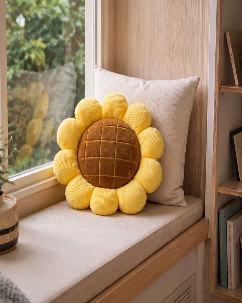 COJIN FLORAL FORMA DE MARAVILLA TELA AFELPADA AMARILLO Y CAFE  MULTIUSO - 2