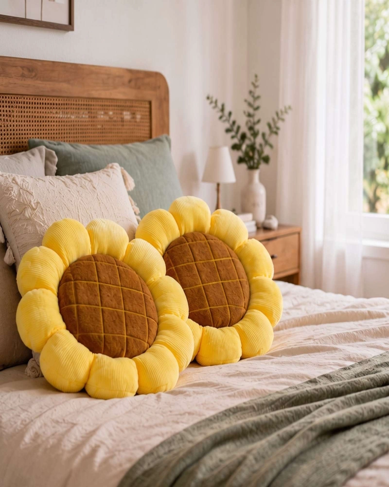 PACK DE 2 COJINES FLORALES FORMA DE MARAVILLA TELA AFELPADA AMARILLO Y CAFE - 1