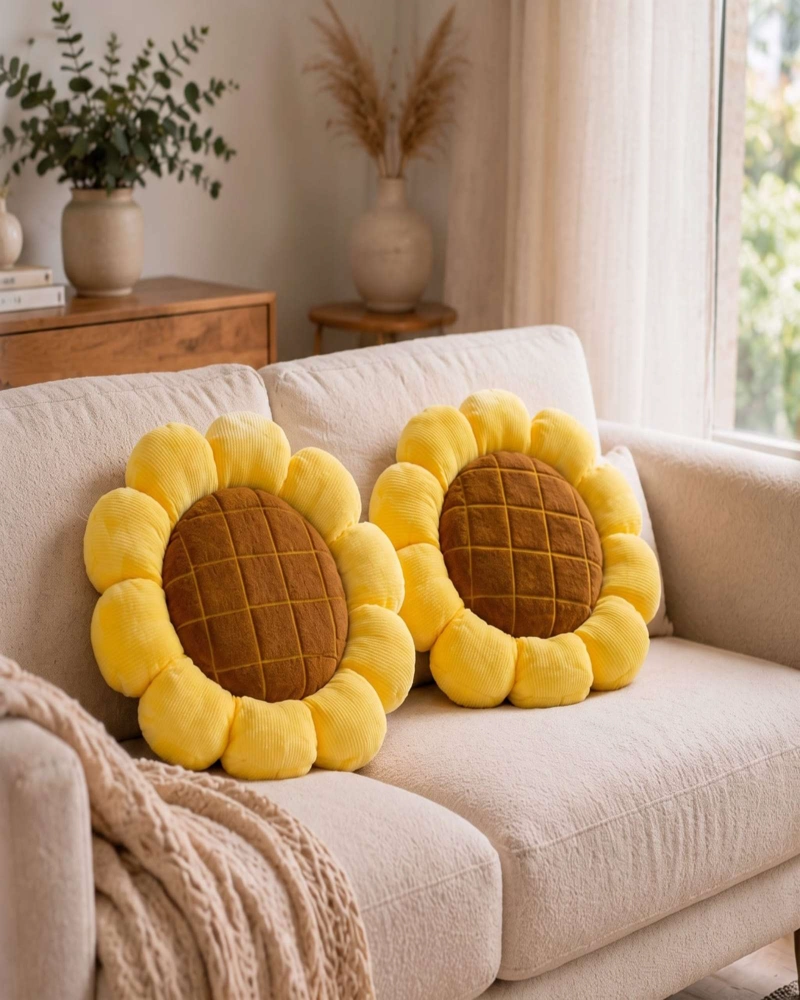 PACK DE 2 COJINES FLORALES FORMA DE MARAVILLA TELA AFELPADA AMARILLO Y CAFE - 2