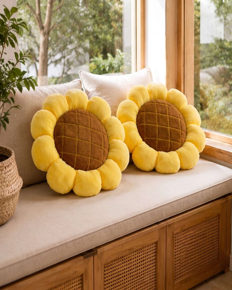 PACK DE 2 COJINES FLORALES FORMA DE MARAVILLA TELA AFELPADA AMARILLO Y CAFE - 3