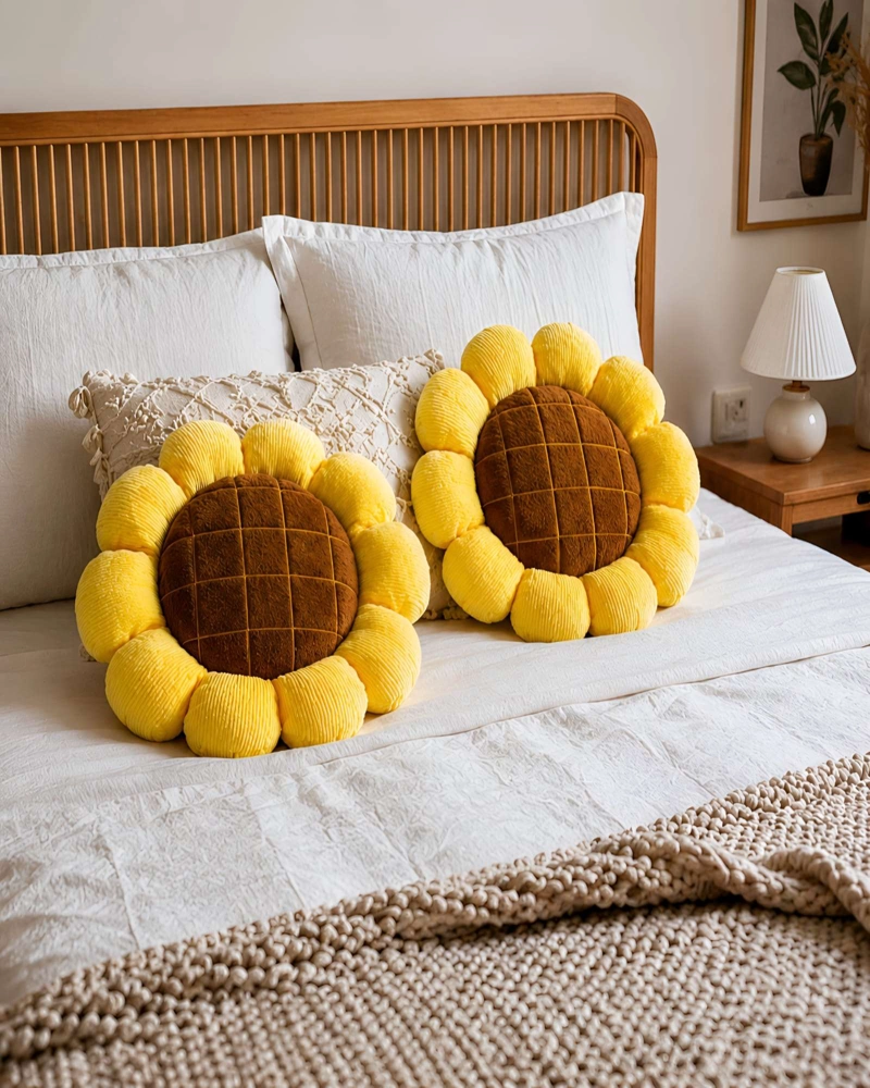 PACK DE 2 COJINES FLORALES FORMA DE MARAVILLA TELA AFELPADA AMARILLO Y CAFE - 4