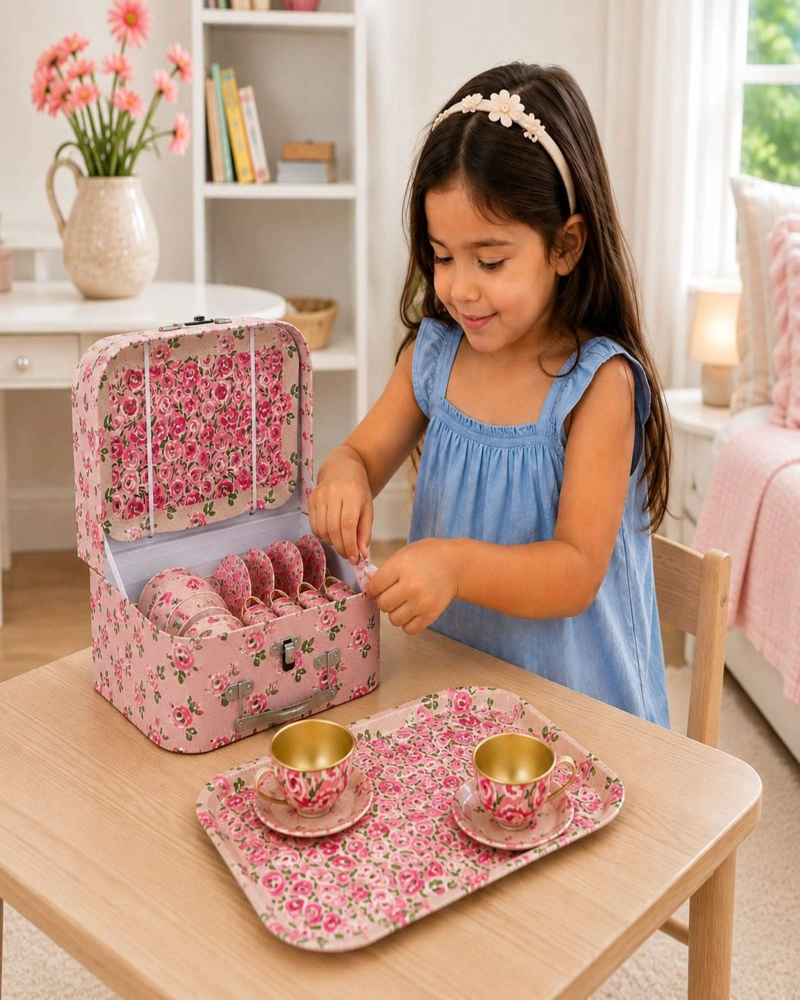 JUEGO DE TE  INFANTIL DE METAL CON MALETIN ROSADO DISEÑO FLORES - 1