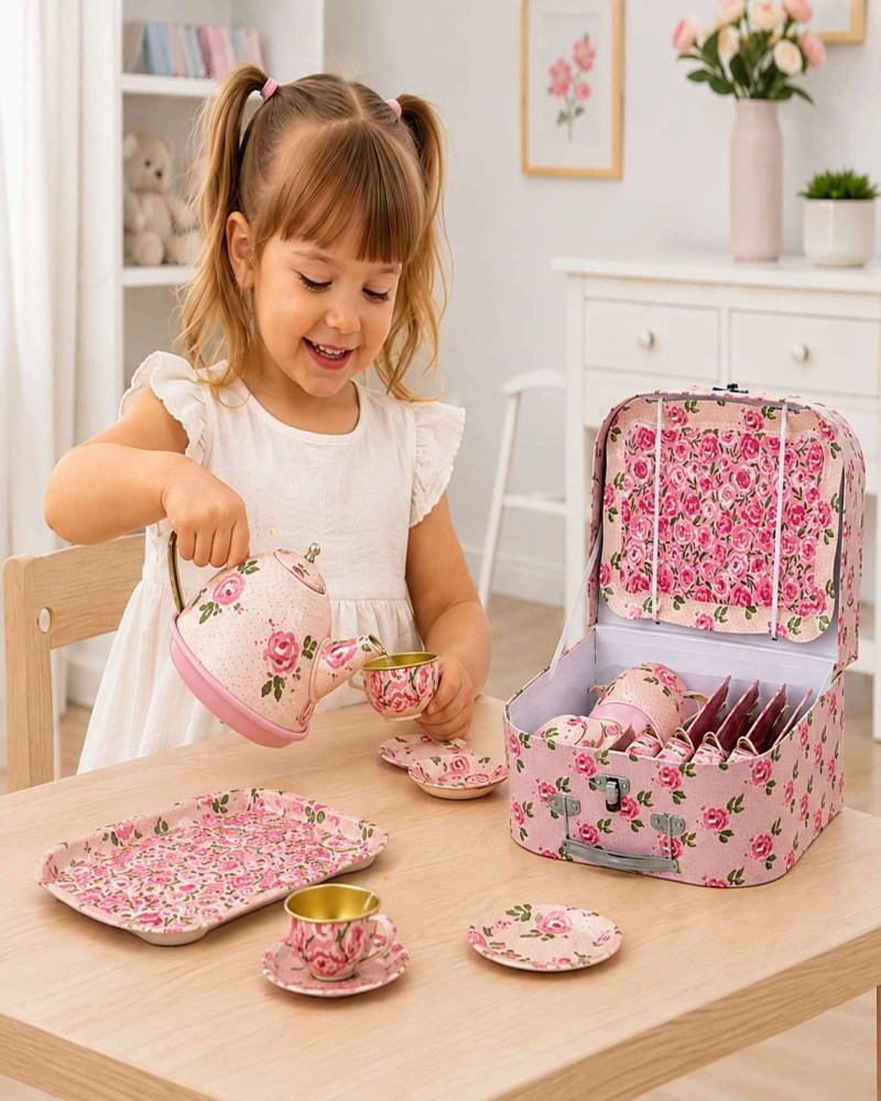 JUEGO DE TE  INFANTIL DE METAL CON MALETIN ROSADO DISEÑO FLORES - 2