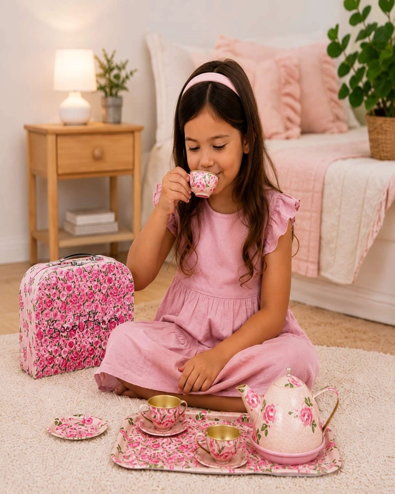 JUEGO DE TE  INFANTIL DE METAL CON MALETIN ROSADO DISEÑO FLORES - 3