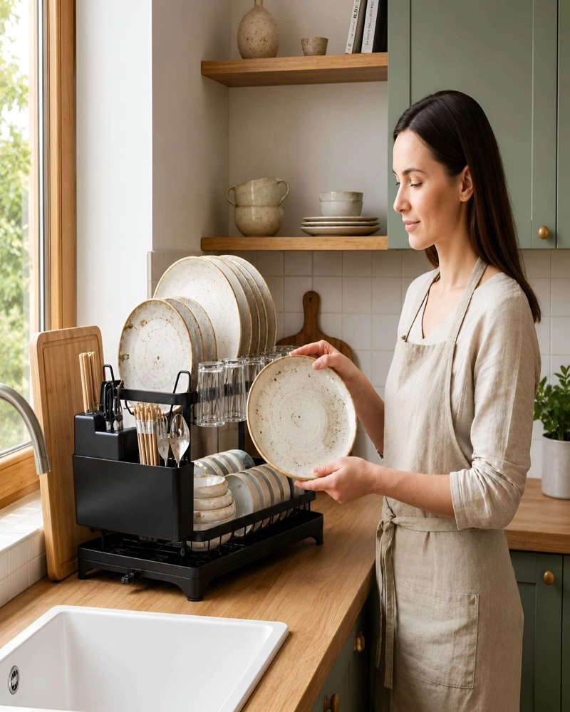 ESCURRIDOR DE PLATOS 2 NIVELES CON PORTA VASOS Y CUBIERTOS - 5