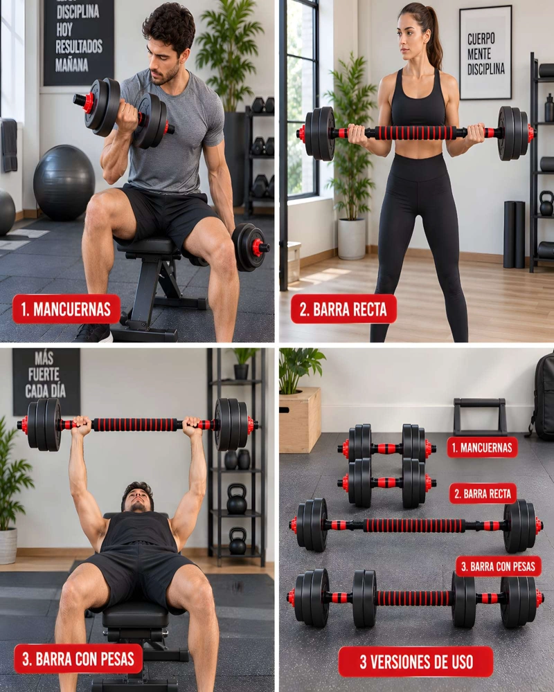 KIT DEPORTIVO DE MANCUERNAS Y BARRA 30 KG MULTIFUNCIONAL - 1