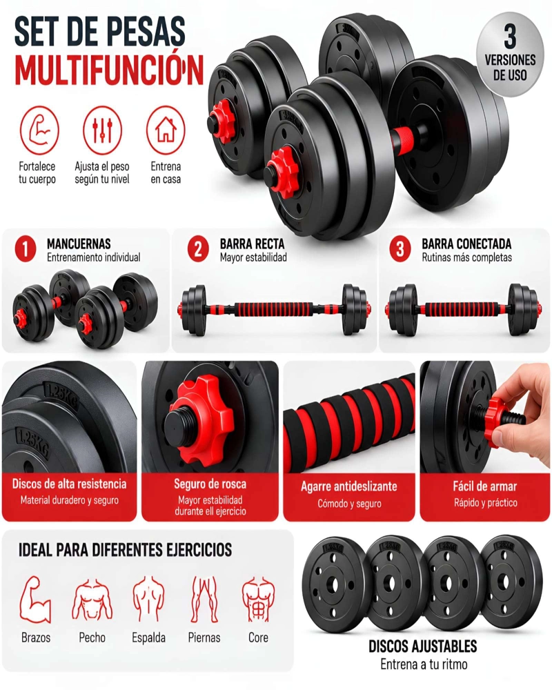KIT DEPORTIVO DE MANCUERNAS Y BARRA 30 KG MULTIFUNCIONAL - 5