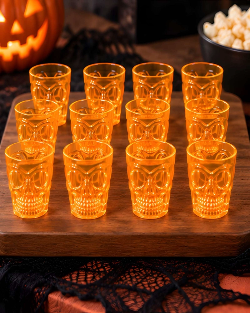 PACK DE 12 VASOS REUTILIZABLES DE CALAVERA CON LUZ PARA COCTELERIA - 1