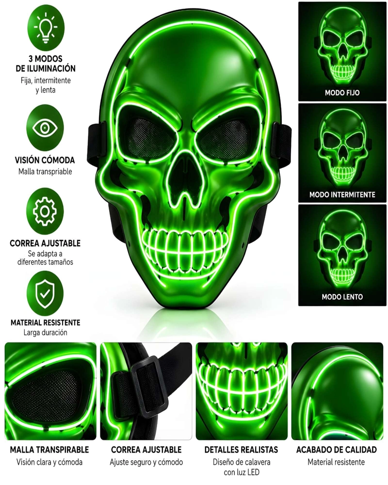 MASCARA LED DE CALAVERA PARA RAVES CONCIERTOS HALLOWEEN Y COTILLON - 5