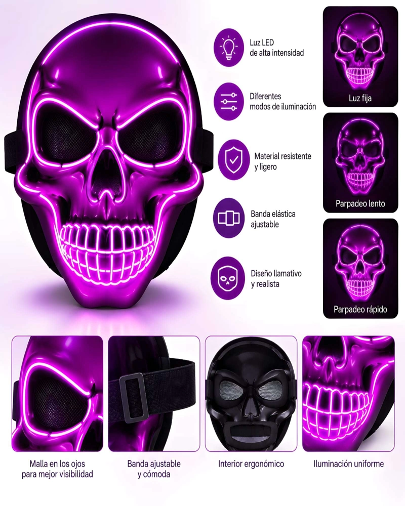 MASCARA LED DE CALAVERA PARA RAVES CONCIERTOS HALLOWEEN Y COTILLON - 5
