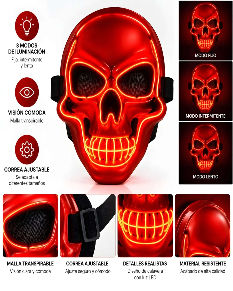 MASCARA LED DE CALAVERA PARA RAVES CONCIERTOS HALLOWEEN Y COTILLON - 5