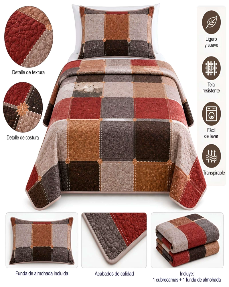 CUBRECAMA QUILT 1.5 PLAZAS MICROFIBRA SUAVE LIGERO TRANSPIRABLE Y FUNDA DE ALMOHADA - 5