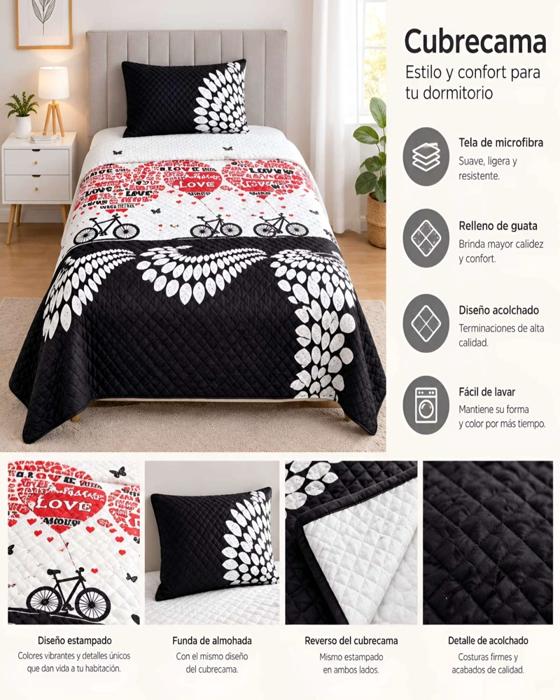 SET QUILT CUBRECAMA 180X230CM 1.5 PLAZAS MICROFIBRA SUAVE Y FUNDA - 5