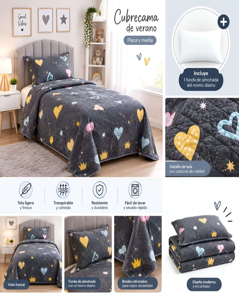 SET QUILT CUBRECAMA 180X230CM 1.5 PLAZAS MICROFIBRA SUAVE Y FUNDA - 5
