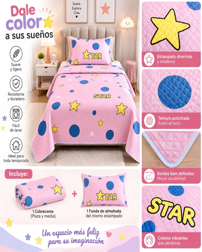 SET QUILT CUBRECAMA 180X230CM 1.5 PLAZAS MICROFIBRA SUAVE Y FUNDA - 5