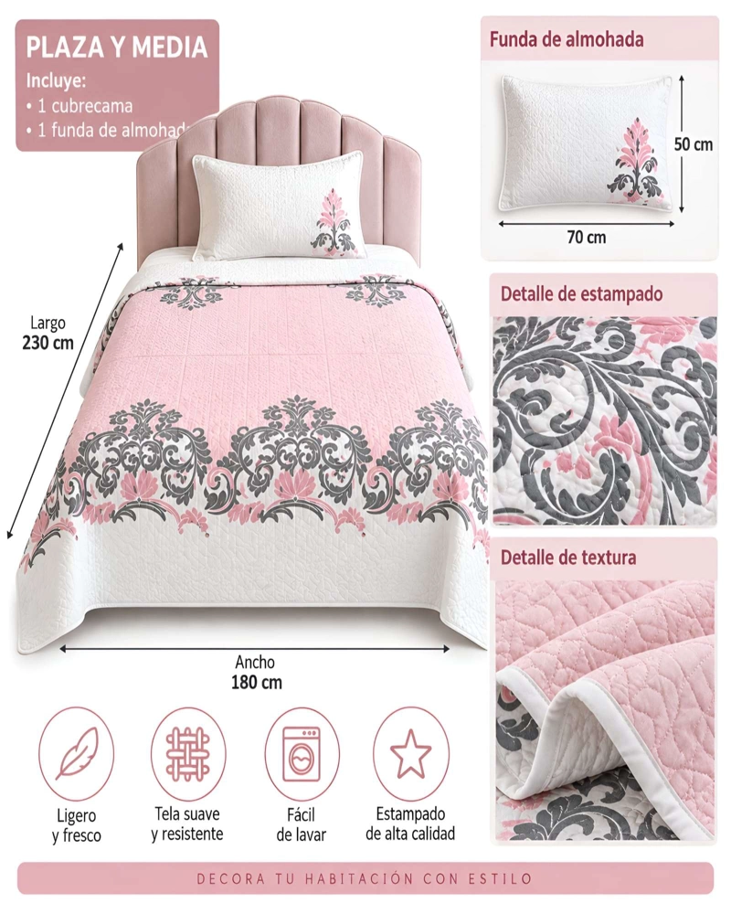 SET QUILT CUBRECAMA 180X230CM 1.5 PLAZAS MICROFIBRA SUAVE Y FUNDA - 5