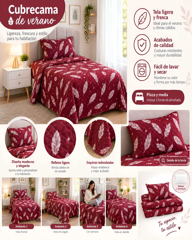 SET QUILT CUBRECAMA 180X230CM 1.5 PLAZAS MICROFIBRA SUAVE Y FUNDA - 5