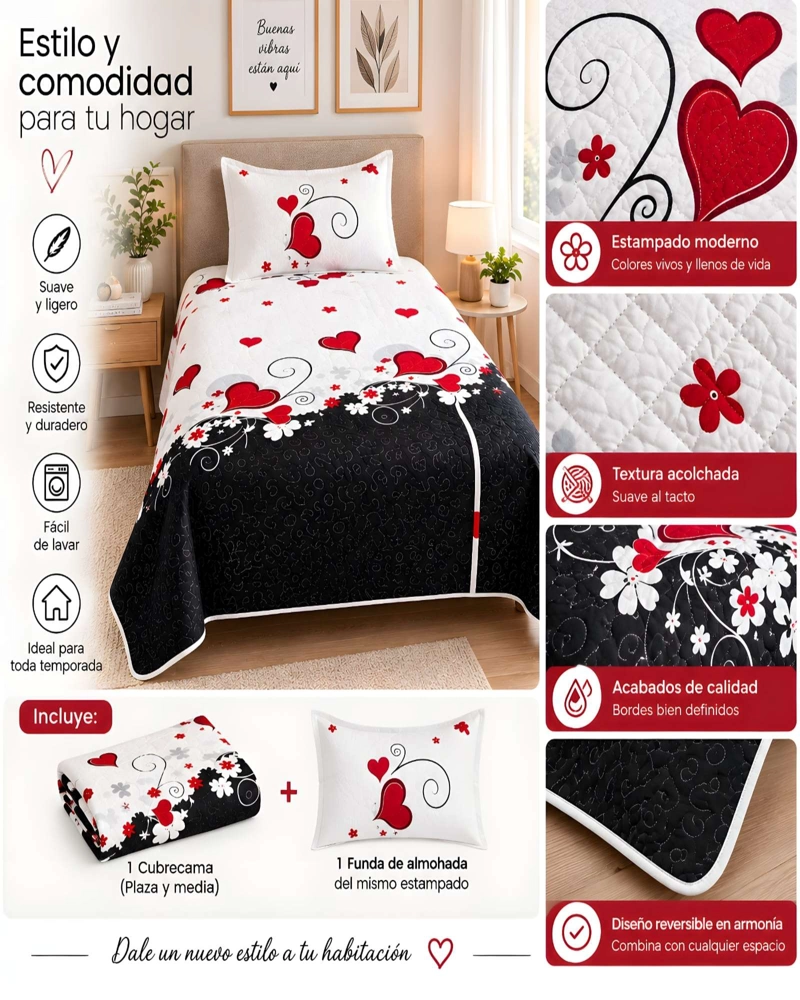 SET QUILT CUBRECAMA 180X230CM 1.5 PLAZAS MICROFIBRA SUAVE Y FUNDA - 5