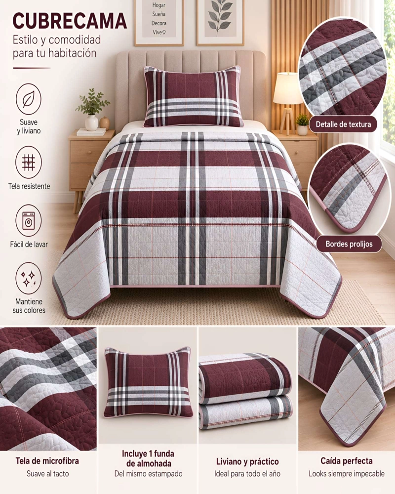 SET QUILT CUBRECAMA 180X230CM 1.5 PLAZAS MICROFIBRA SUAVE Y FUNDA - 5