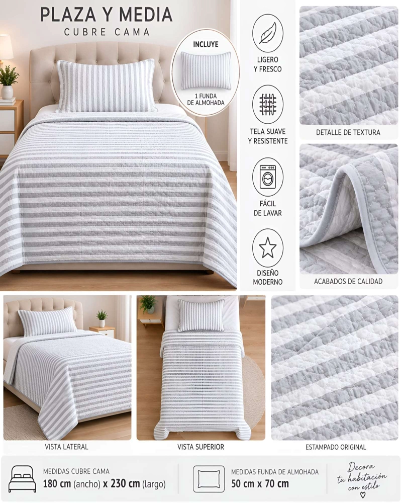 SET QUILT CUBRECAMA 180X230CM 1.5 PLAZAS MICROFIBRA SUAVE Y FUNDA - 5