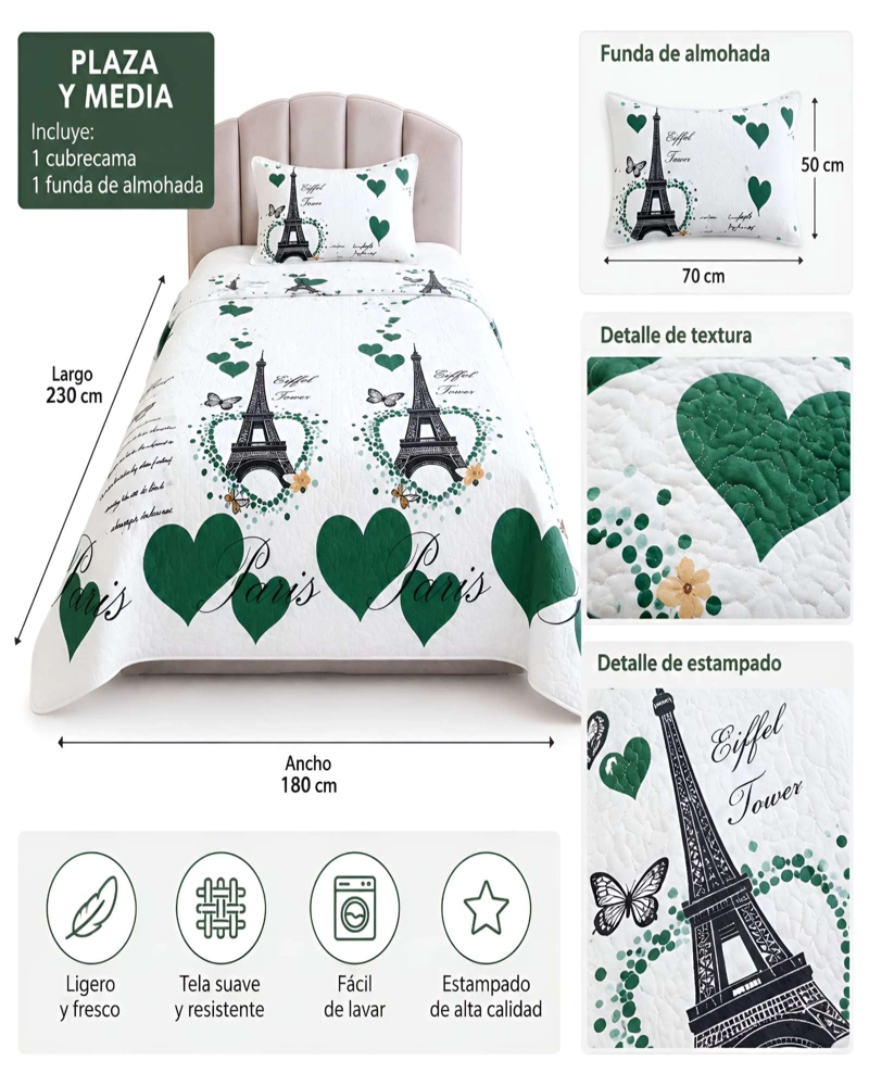 SET QUILT CUBRECAMA 180X230CM 1.5 PLAZAS MICROFIBRA SUAVE Y FUNDA - 5