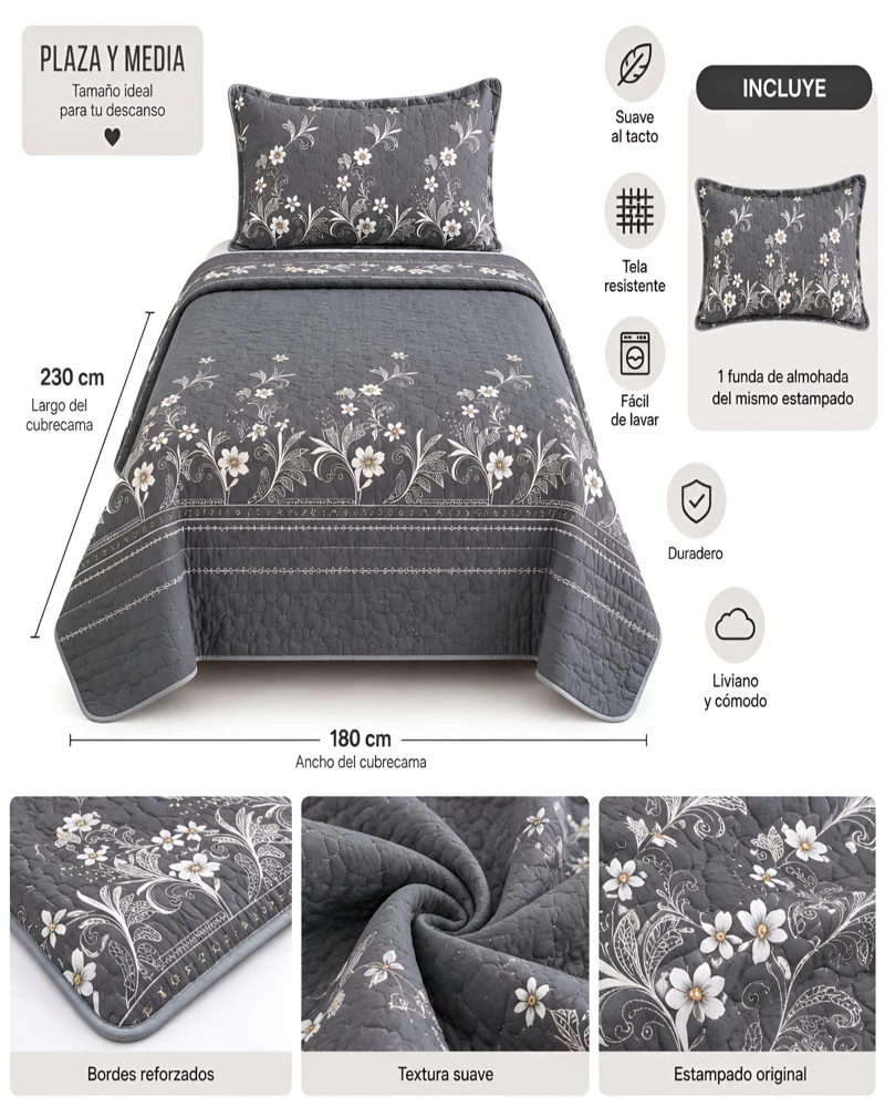 SET QUILT CUBRECAMA 180X230CM 1.5 PLAZAS MICROFIBRA SUAVE Y FUNDA - 5