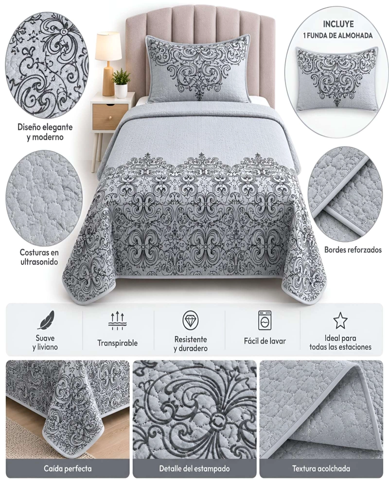 SET QUILT CUBRECAMA 180X230CM 1.5 PLAZAS MICROFIBRA SUAVE Y FUNDA - 5
