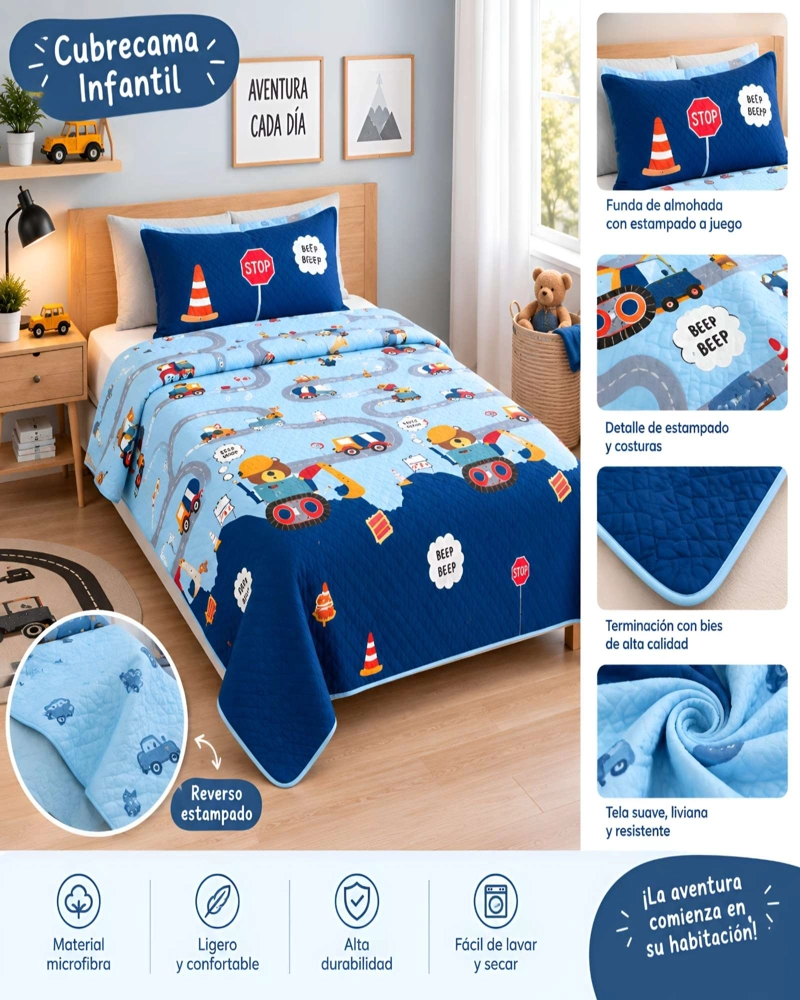 SET QUILT CUBRECAMA 180X230CM 1.5 PLAZAS MICROFIBRA SUAVE Y FUNDA - 5