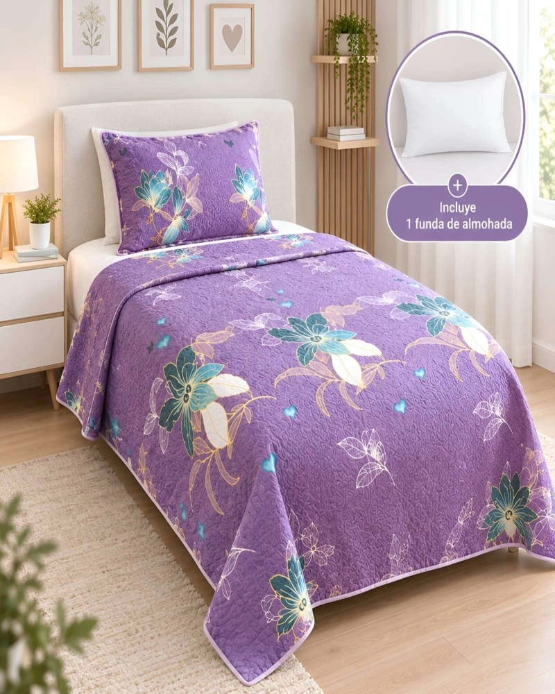 CONJUNTO CUBRECAMA 1.5 PLAZAS CON ALMOHADA Y FUNDA - 2