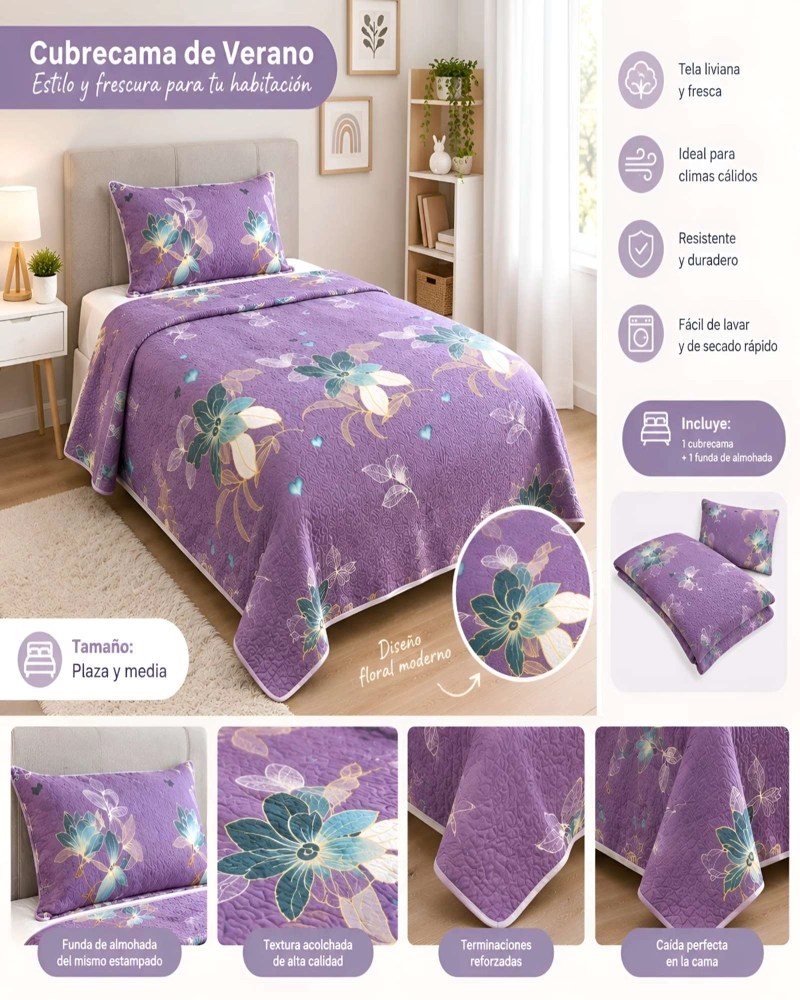 CONJUNTO CUBRECAMA 1.5 PLAZAS CON ALMOHADA Y FUNDA - 5