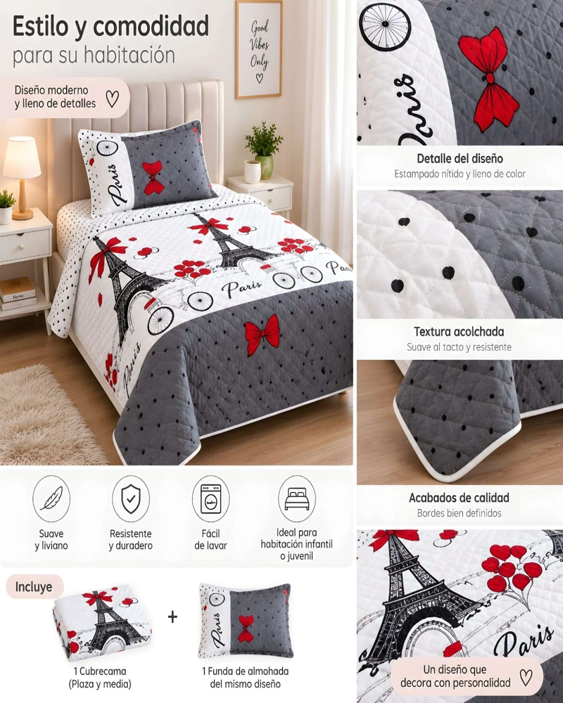 SET QUILT CUBRECAMA 180X230CM 1.5 PLAZAS MICROFIBRA SUAVE Y FUNDA - 5