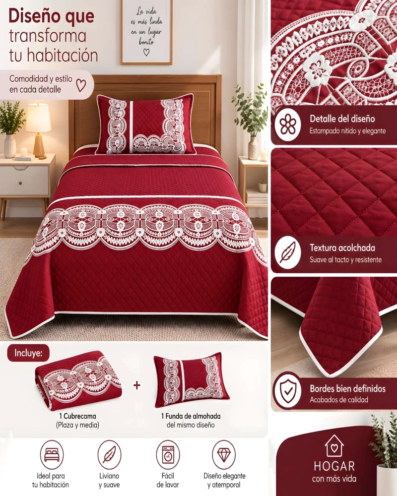 CONJUNTO CUBRECAMA 1.5 PLAZAS CON ALMOHADA Y FUNDA - 5