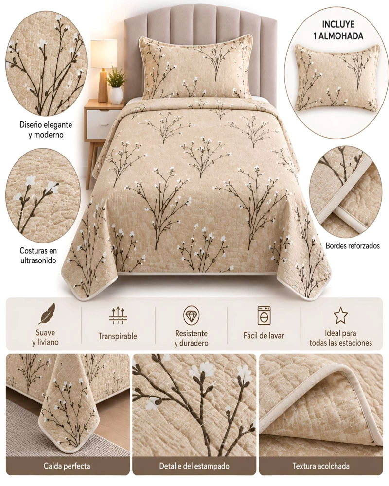SET QUILT CUBRECAMA 180X230CM 1.5 PLAZAS MICROFIBRA SUAVE Y FUNDA - 5
