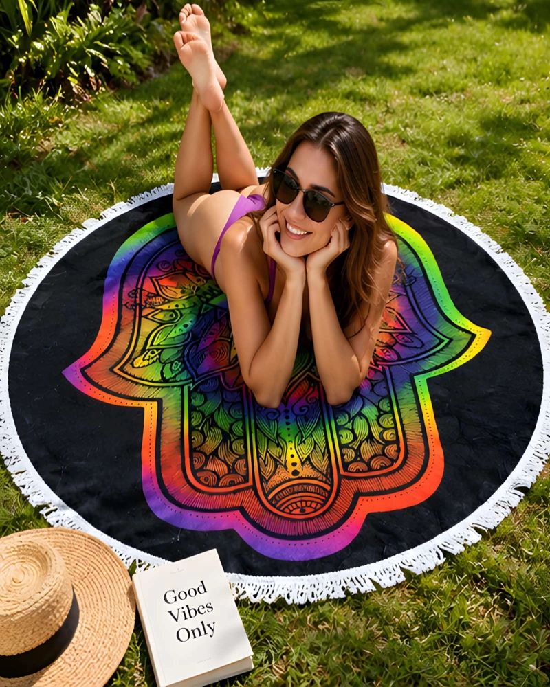 TOALLA DE PLAYA REDONDA ESTAMPADA 150 CM CON FLECOS DECORATIVOS - 1