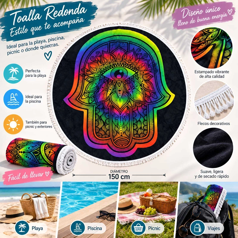 TOALLA DE PLAYA REDONDA ESTAMPADA 150 CM CON FLECOS DECORATIVOS - 5