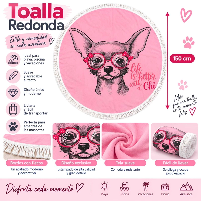 TOALLA DE PLAYA REDONDA ESTAMPADA 150 CM CON FLECOS DECORATIVOS - 5