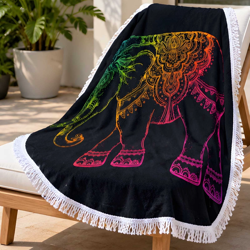 TOALLA DE PLAYA REDONDA ESTAMPADA 150 CM CON FLECOS DECORATIVOS - 4