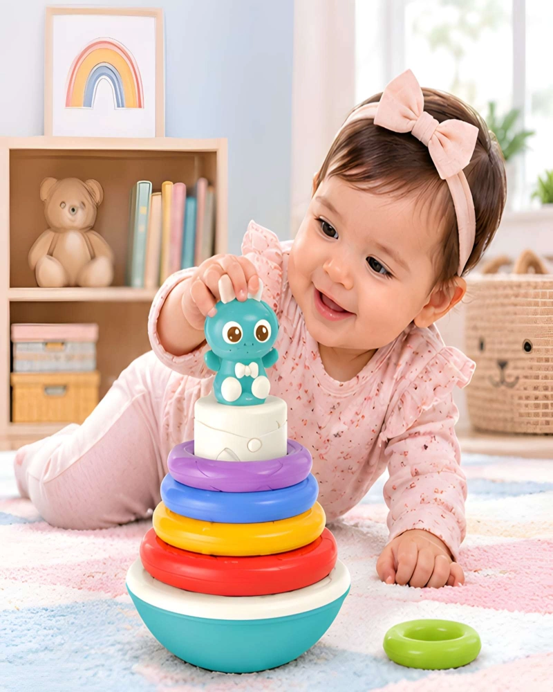 JUGUETE DIDACTICO PARA BEBE  CON AROS TEXTURIZADOS APILABLES