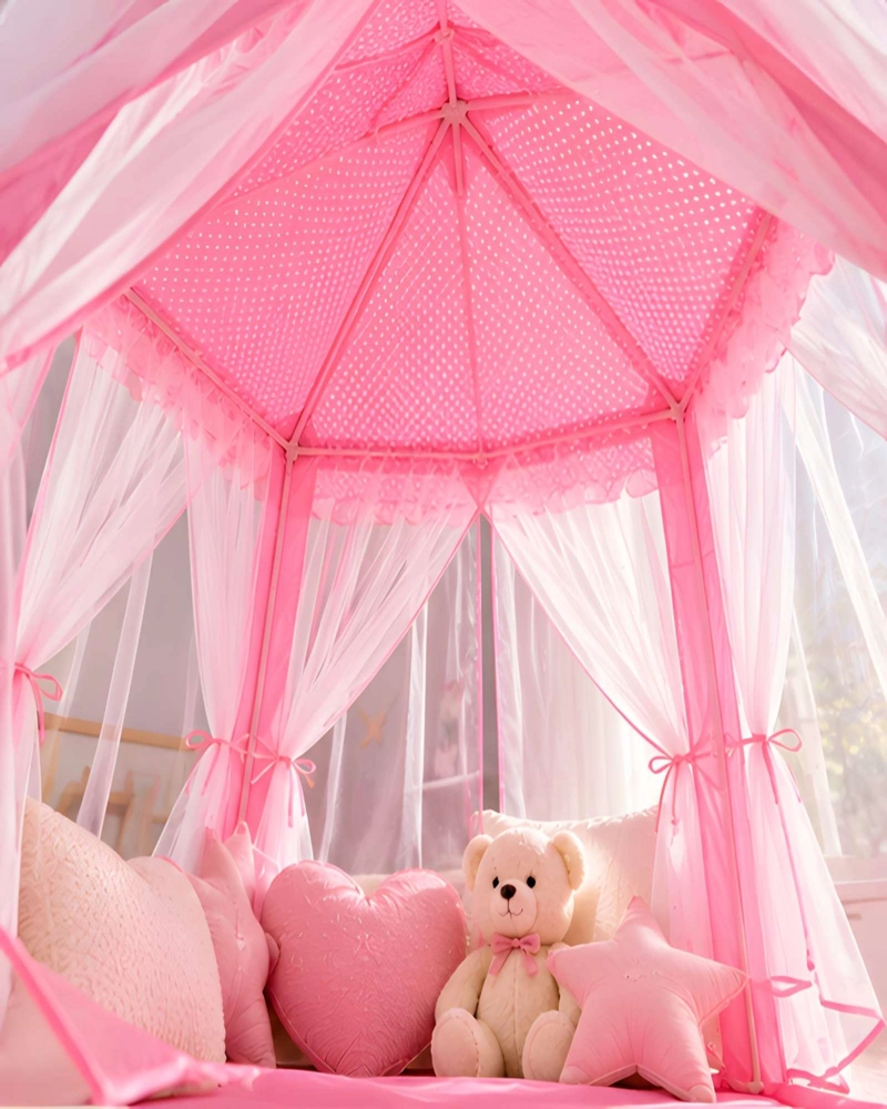CASITA INFANTIL ROSA DE POLIE STER CON CORTINAS Y LUNARES - 1