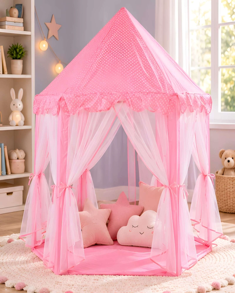 CASITA INFANTIL ROSA DE POLIE STER CON CORTINAS Y LUNARES - 2
