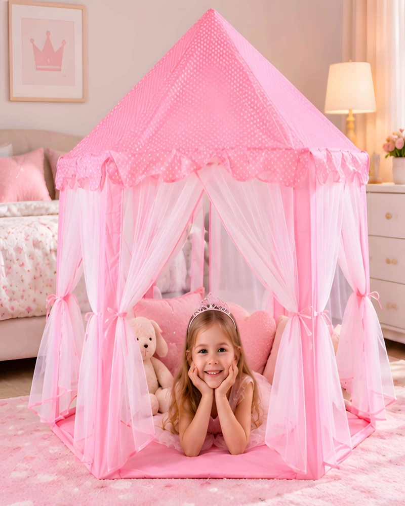 CASITA INFANTIL ROSA DE POLIE STER CON CORTINAS Y LUNARES - 3