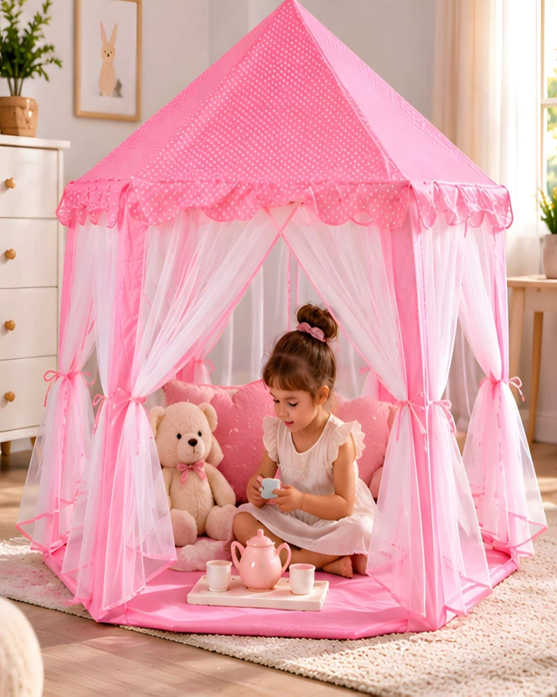 CASITA INFANTIL ROSA DE POLIE STER CON CORTINAS Y LUNARES - 4
