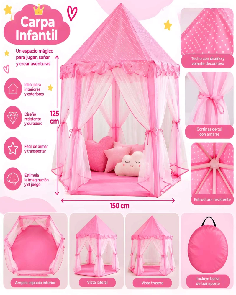 CASITA INFANTIL ROSA DE POLIE STER CON CORTINAS Y LUNARES - 5