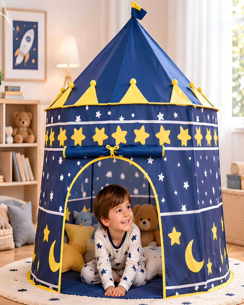 CARPA CASTILLO INFANTIL AZUL CON ESTRELLAS Y LUNAS PARA JUGAR - 1