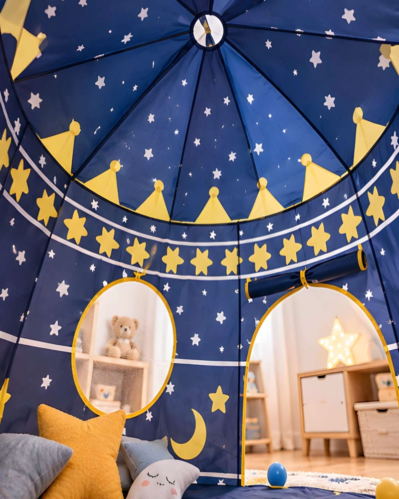 CARPA CASTILLO INFANTIL AZUL CON ESTRELLAS Y LUNAS PARA JUGAR - 2