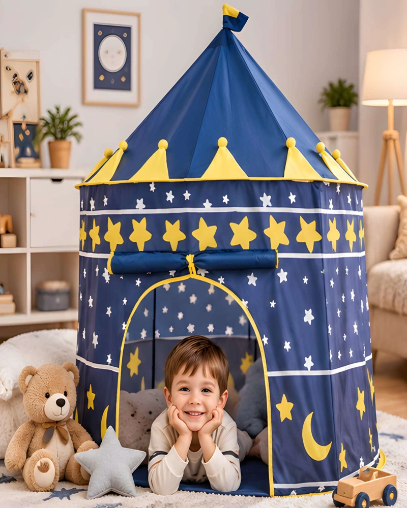 CARPA CASTILLO INFANTIL AZUL CON ESTRELLAS Y LUNAS PARA JUGAR - 3